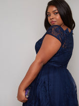 Plus Size Lace Detail Cap Sleeved Midi Dress In Blue