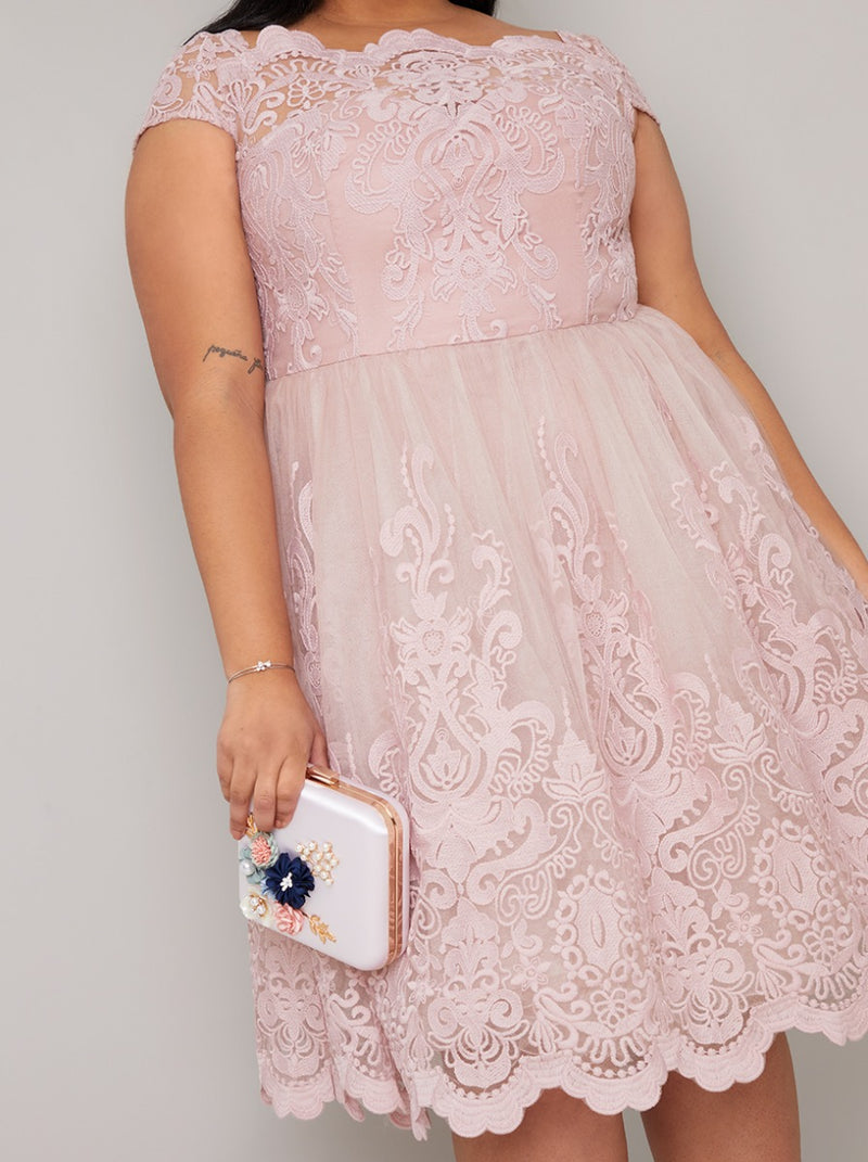 Cap Sleeve Embroidered Midi Curve Dress in Pink