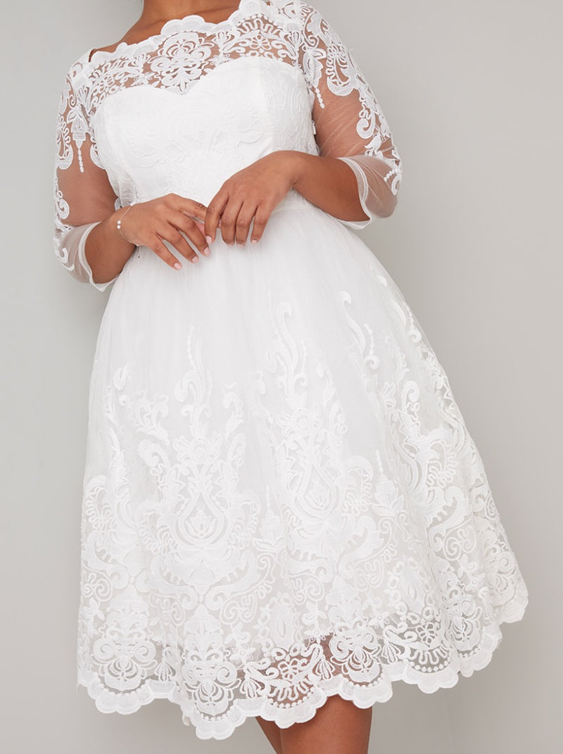 Plus Size Lace Long Sleeve Midi Dress in White