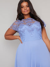 Plus Size Lace Bodice Cap Sleeve Midi Dress in Blue