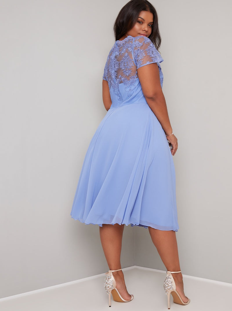 Plus Size Lace Bodice Cap Sleeve Midi Dress in Blue