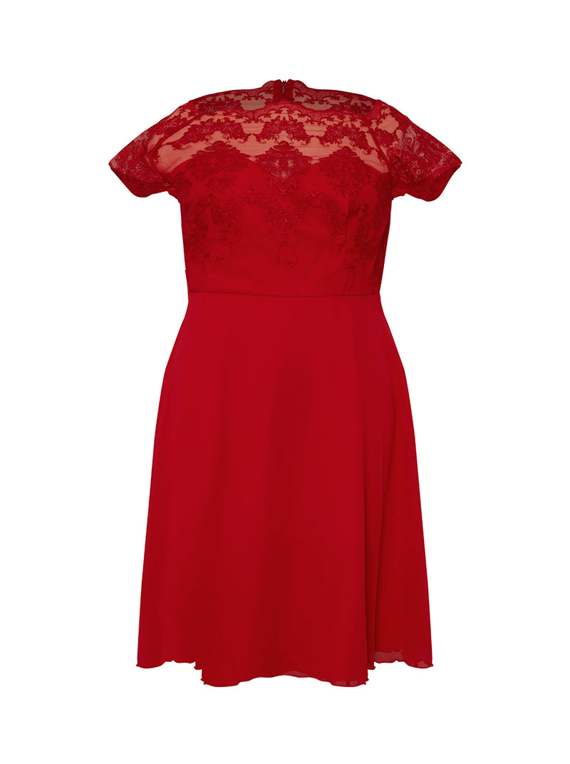 Plus Size Cap Sleeve Lace Bodice Midi Dress in Red