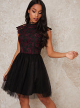 Petite High Neck Lace Bodice Tulle Mini Dress in Black