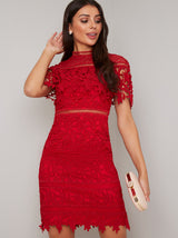 High Neck Lace Bodycon Midi Dress in Red