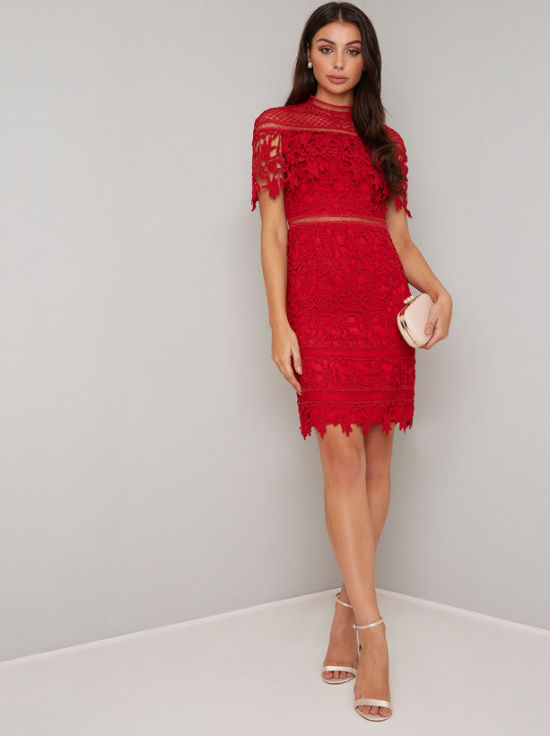 High Neck Lace Bodycon Midi Dress in Red