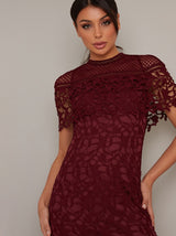 Tall High Neck Lace Crochet Bodycon Midi Dress in Red