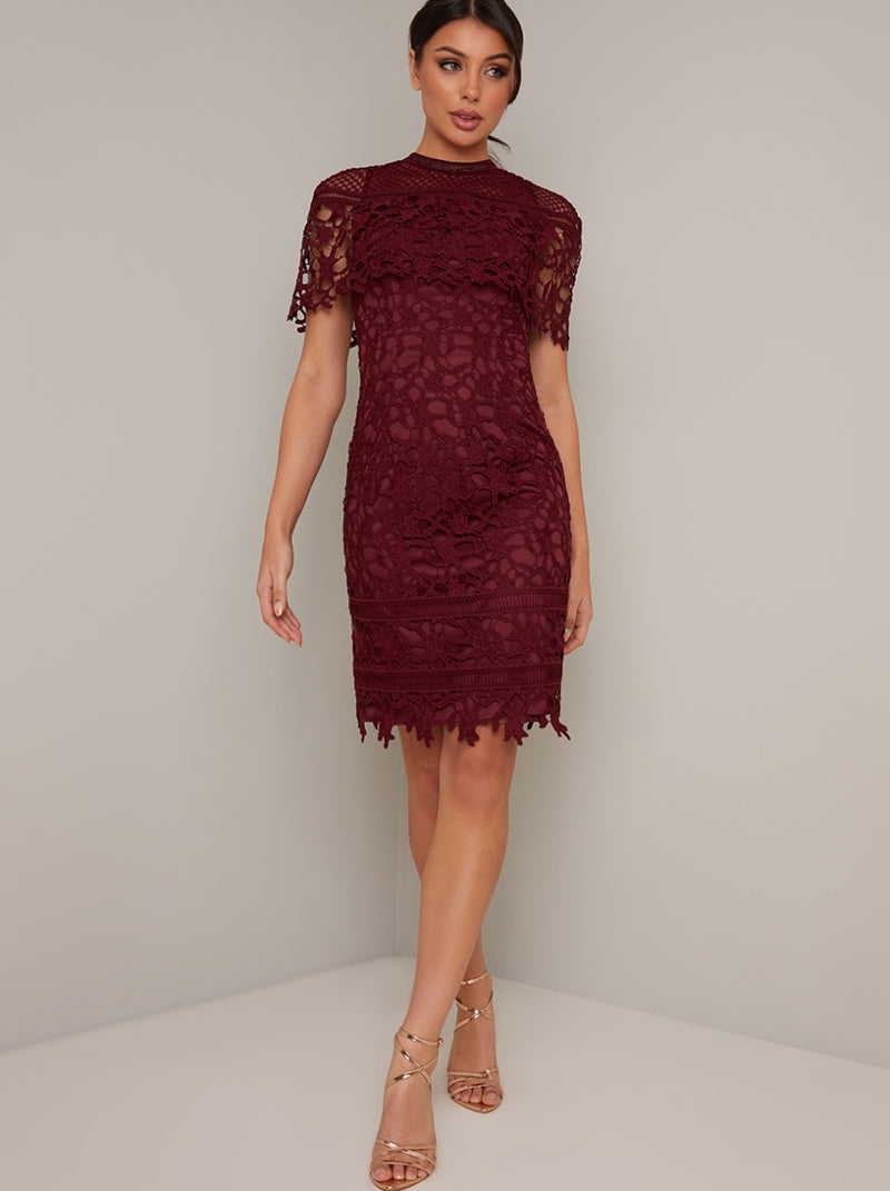 Tall High Neck Lace Crochet Bodycon Midi Dress in Red – Chi Chi London