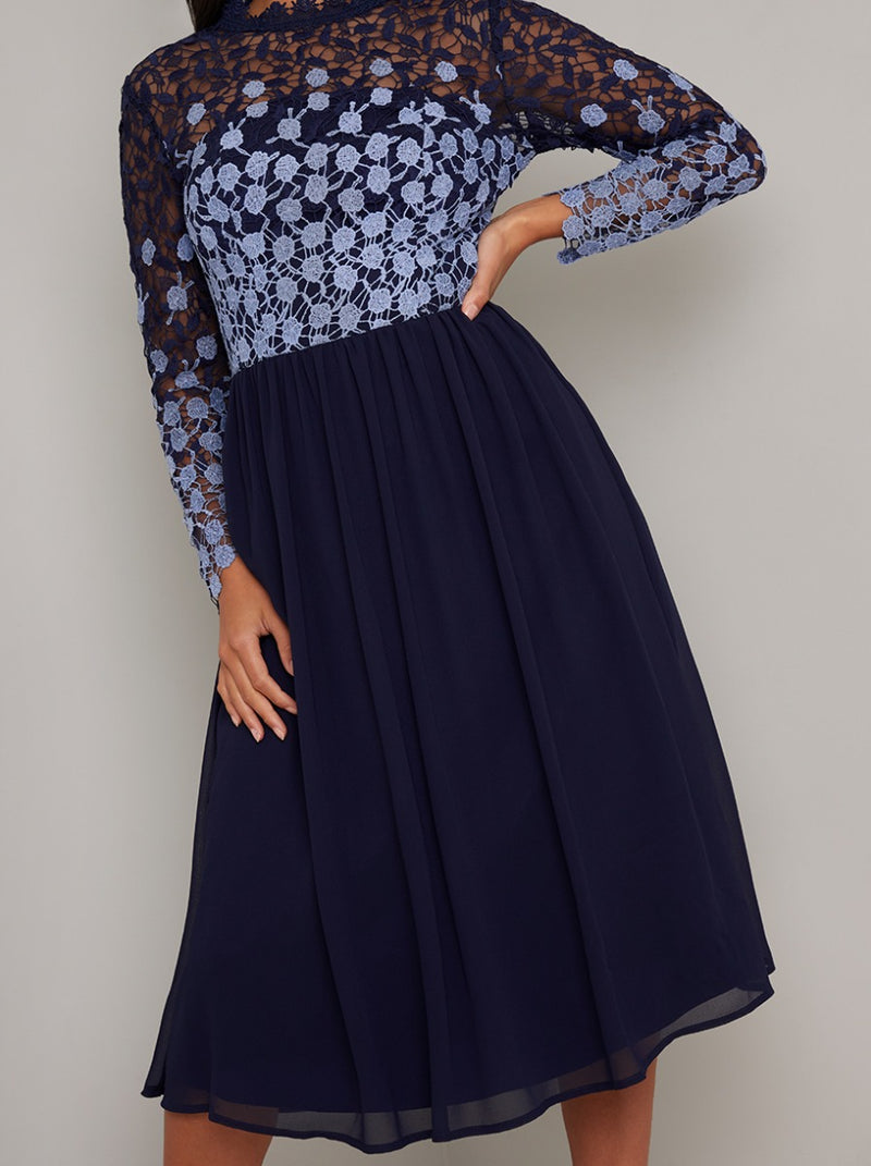 Petite Lace Long Sleeved Midi Dress In Navy