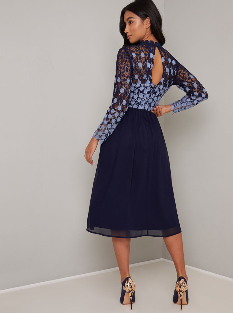 Petite Lace Long Sleeved Midi Dress In Navy