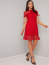Crochet Design Peplum Hem Bodycon Dress in Red