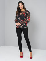 Floral Ruffle Detail Top in Black