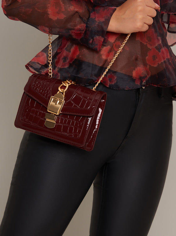 Croc Print Small Shoulder Bag in Red
