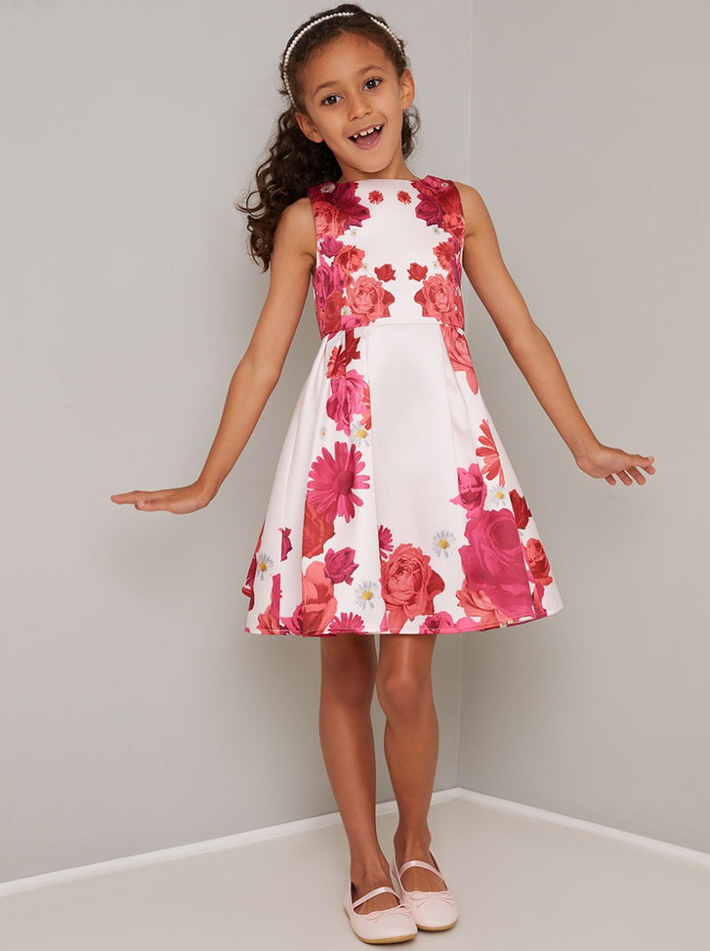 Girls Floral Placement Midi Dress in Pink