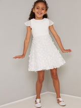 Girls Cap Sleeved 3D Floral Dress in White