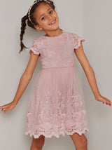 Girls Lace Scalloped Party Dress in Pink