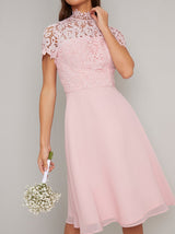 Crochet Bodice Chiffon Midi Dress in Pink
