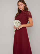 Lace Bodice High Neck Maxi Dress in Red