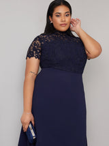 Plus Size High Neck Lace Maxi Dress in Blue
