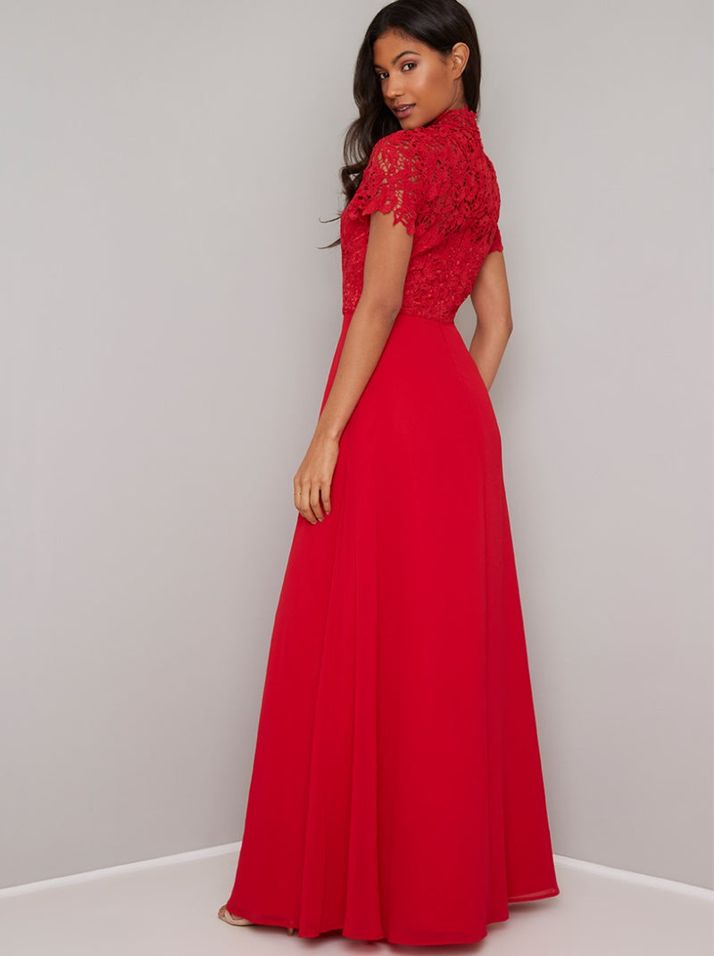 Crochet Bodice High Neck Maxi Dress in Red