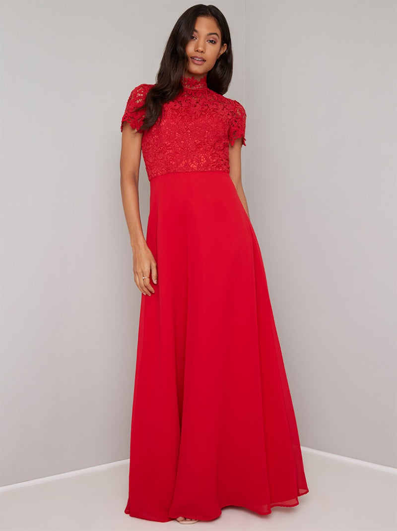 Crochet Bodice High Neck Maxi Dress in Red