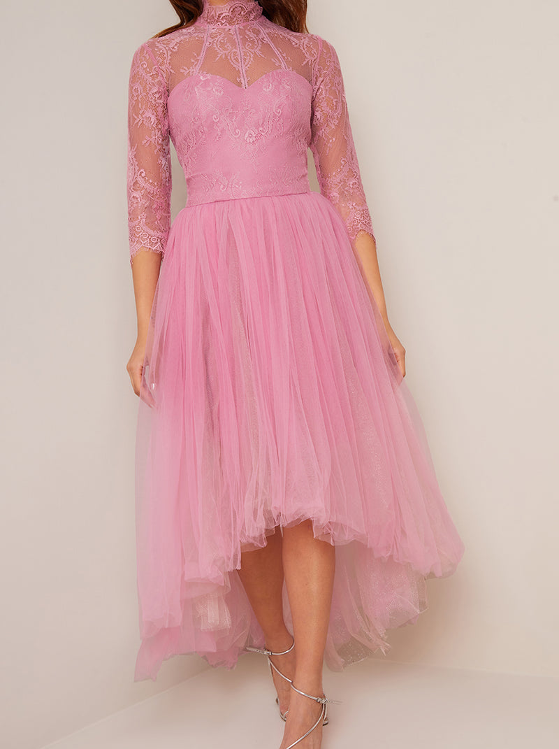 High Neck Lace Tulle Dip Hem Dress in Pink
