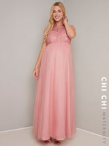 Maternity Lace Overlay Bodice Short Sleeve Maxi Dress in Pink