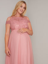 Maternity Lace Overlay Bodice Short Sleeve Maxi Dress in Pink