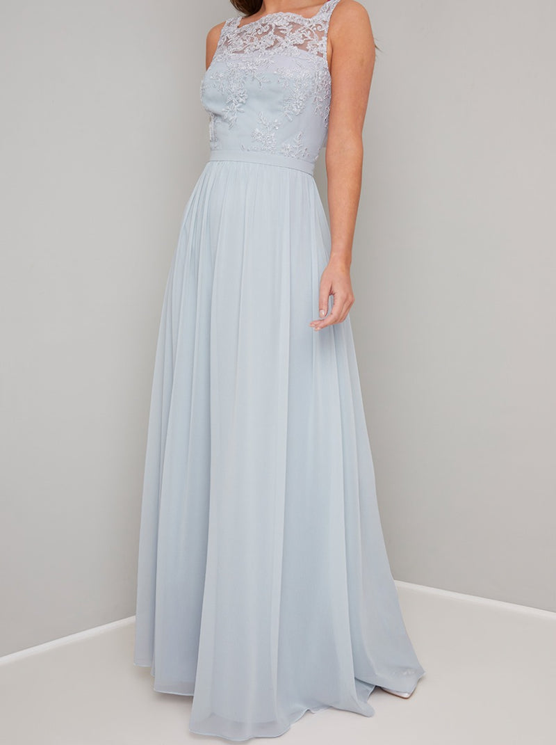 Embroidered Mesh Detailed Maxi Dress in Blue