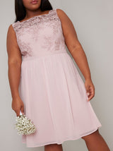 Plus Size Lace Bodice Midi Dress in Pink