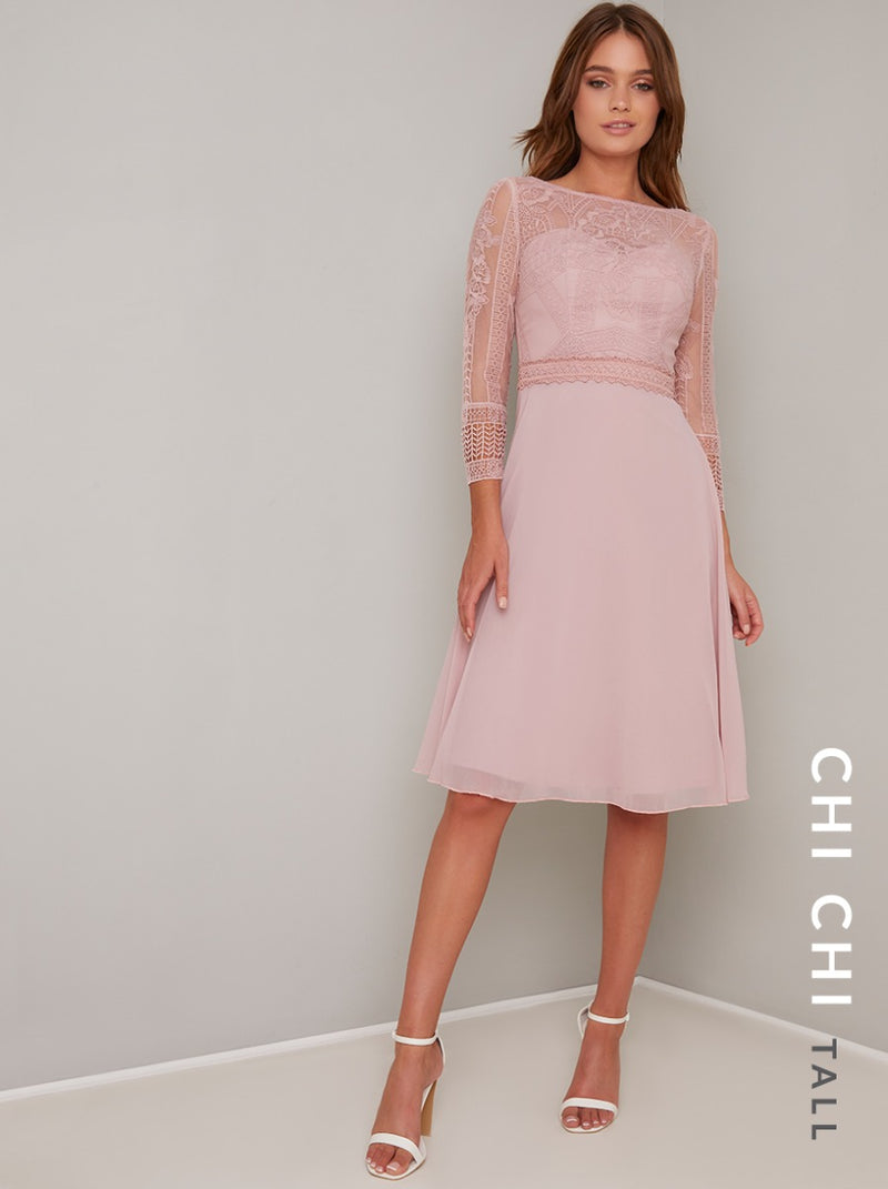 Tall Long Sleeved Lace Bodice Midi Dress in Pink