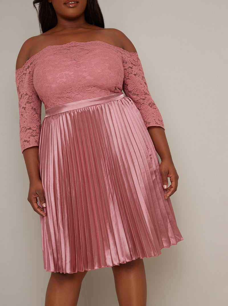 Plus Size Bardot Lace 3/4 Sleeve Midi Dress in Pink