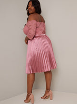 Plus Size Bardot Lace 3/4 Sleeve Midi Dress in Pink