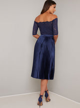Bardot Lace Bodice Pleated Midi Dress in Blue