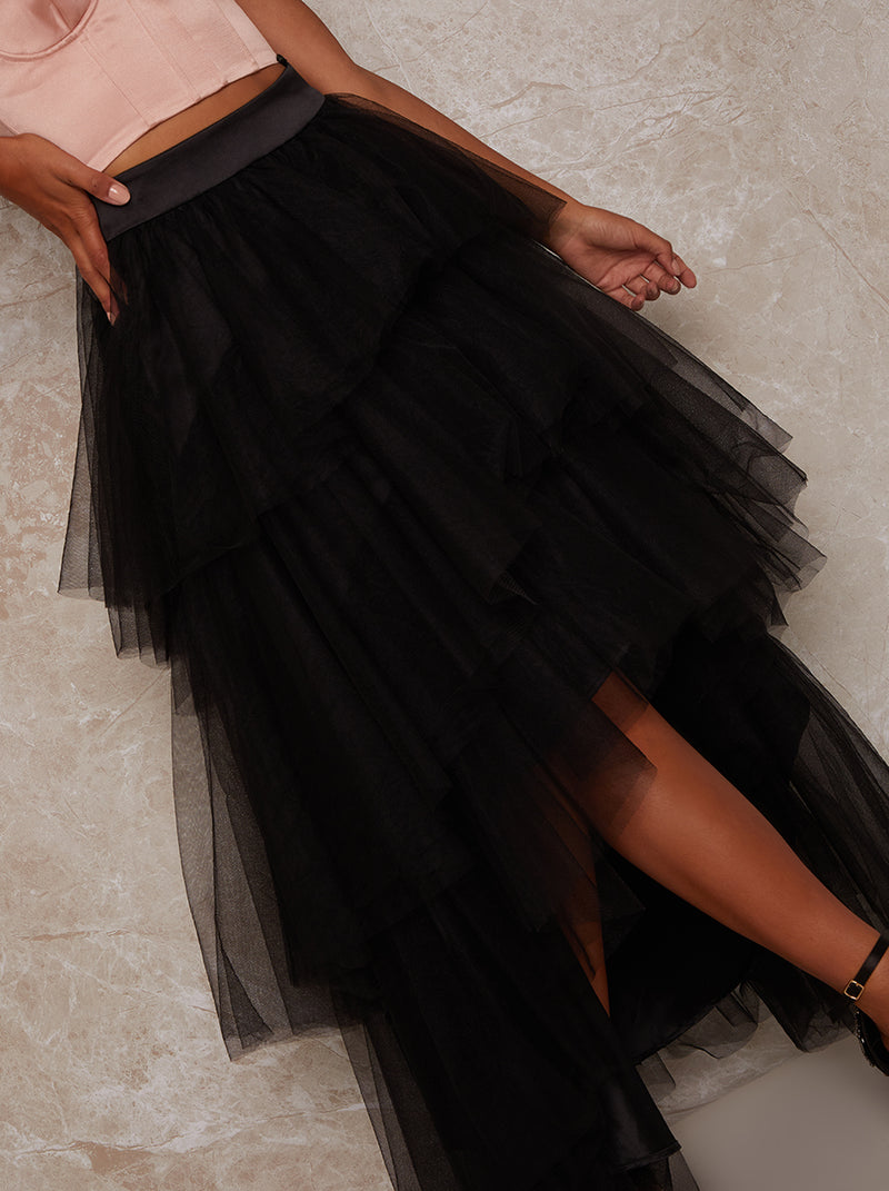 Ruffle Tulle Tiered Dip Hem Maxi Skirt in Black
