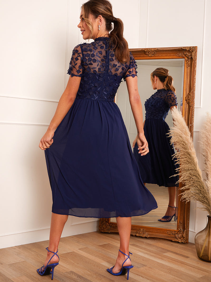 Short Sleeve Floral Embroidered Midi Dress in Navy