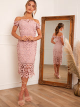 Bardot Lace Midi Crochet Dress in Pink