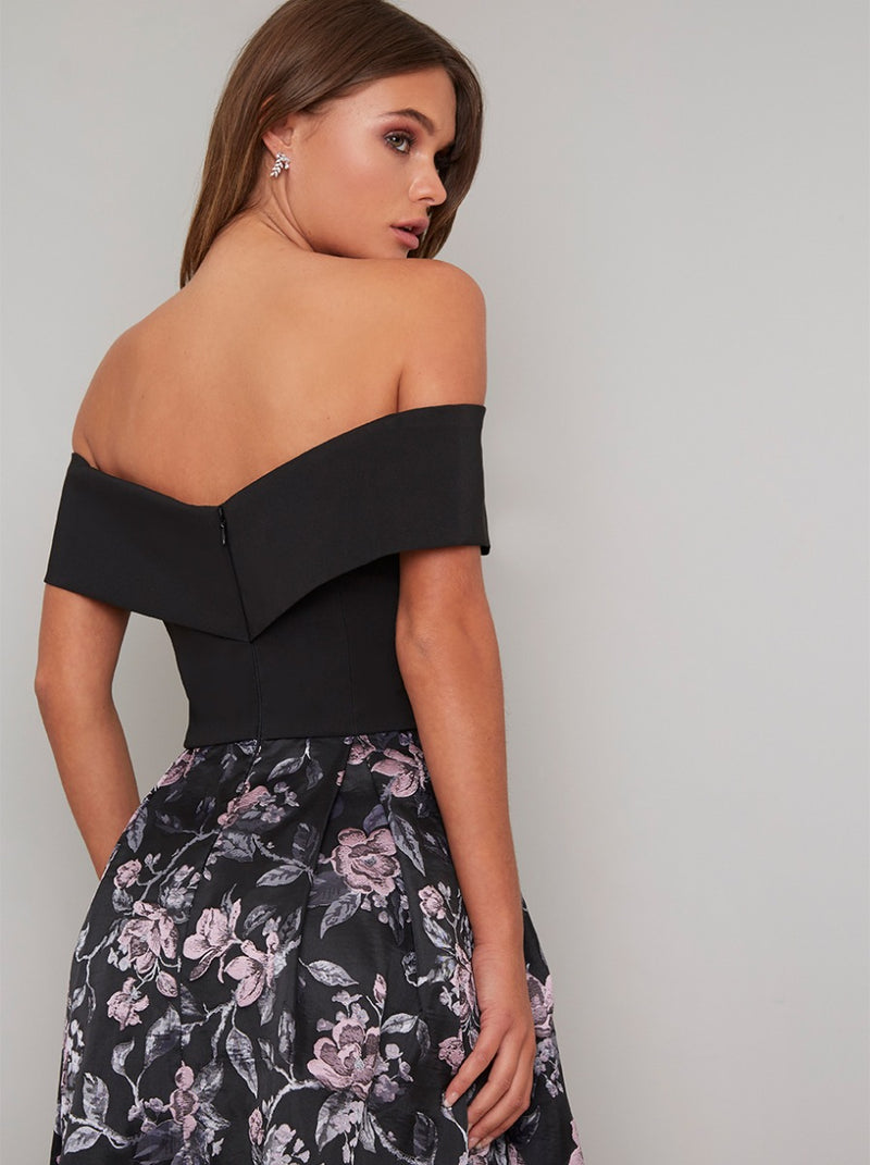 Bardot Fold-Over Floral Skirt Midi Dress in Black