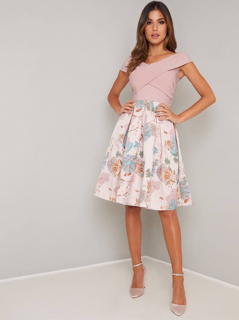 Crossover Bardot Floral Print Midi Dress in Pink