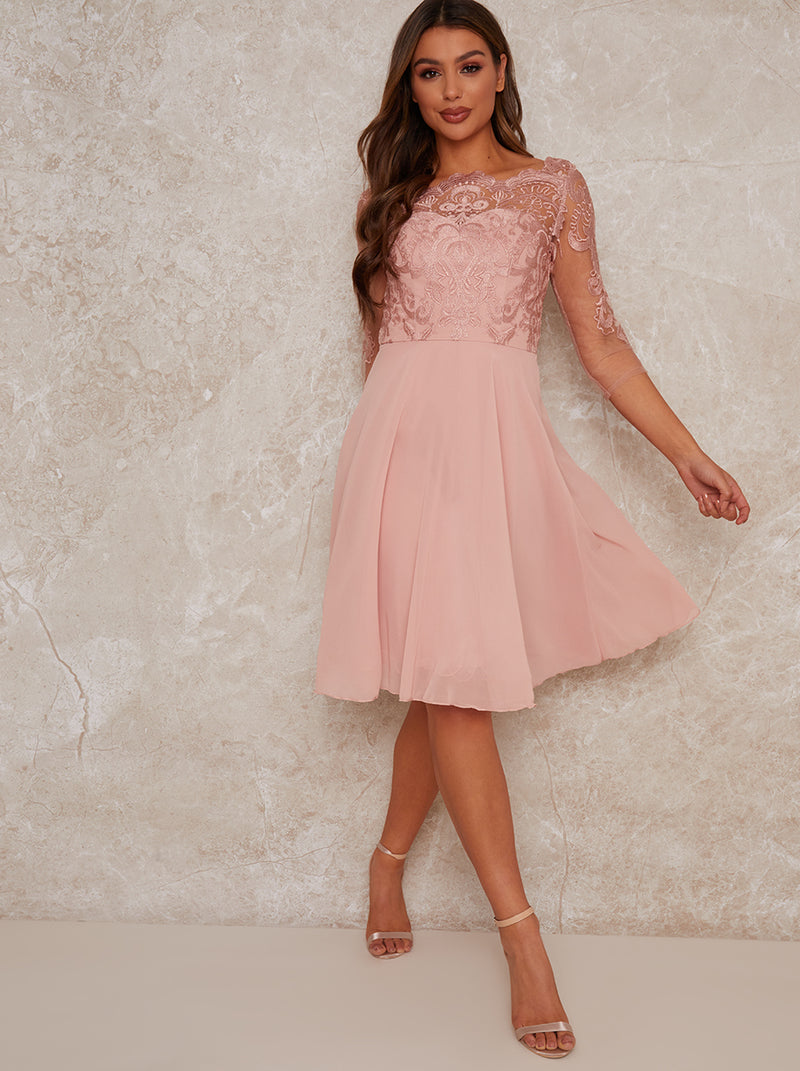 Lace Bridesmaid Midi Dress in Rose Gold