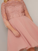 Plus Size Lace Bodice 3/4 Sleeve Midi Dress in Rose Gold