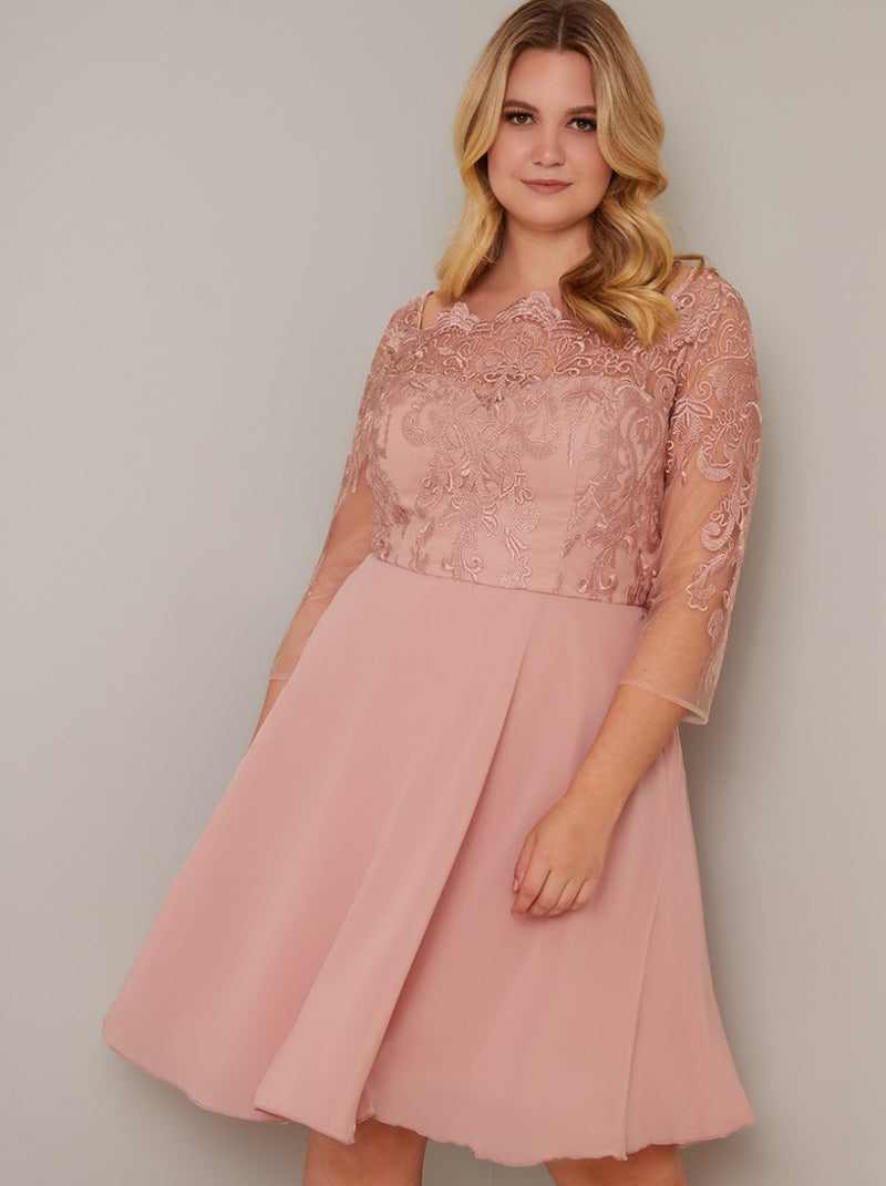 Plus Size Lace Bodice 3/4 Sleeve Midi Dress in Rose Gold
