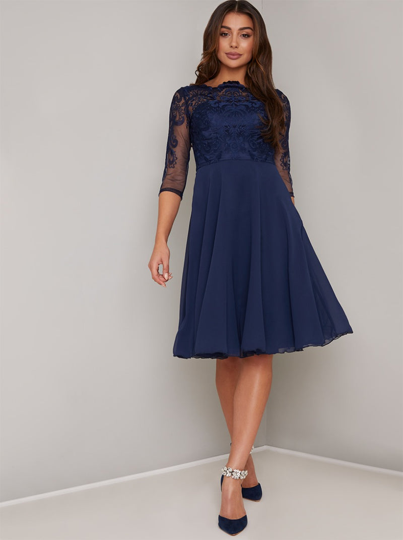 3/4 Sheer Sleeved Lace Bodice Midi Dress in Navy – Chi Chi London