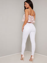 Cami Strap Lace Overlay Crop Top in Pink