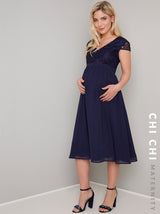 Maternity Cap Sleeved Crochet Midi Dress in Blue