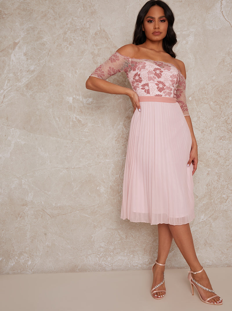 Bardot Sheer Lace Overlay Pleated Midi Dress in Pink