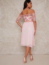 Bardot Sheer Lace Overlay Pleated Midi Dress in Pink