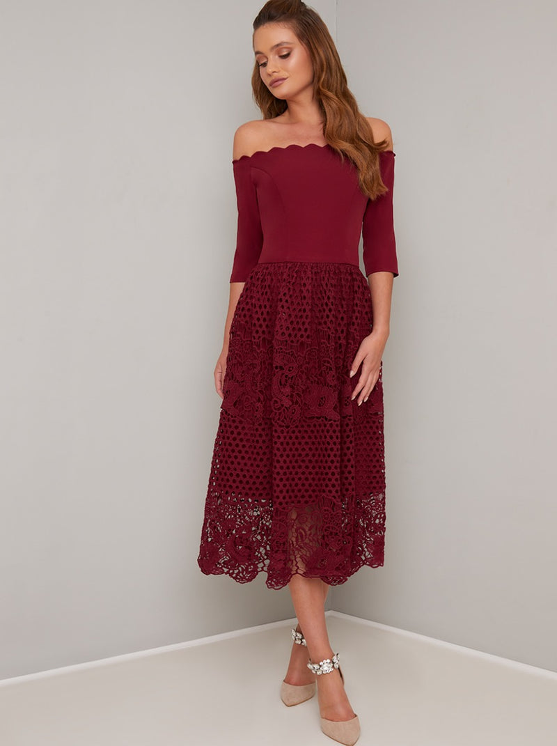 Embroidered Crochet Midi Dress in Red