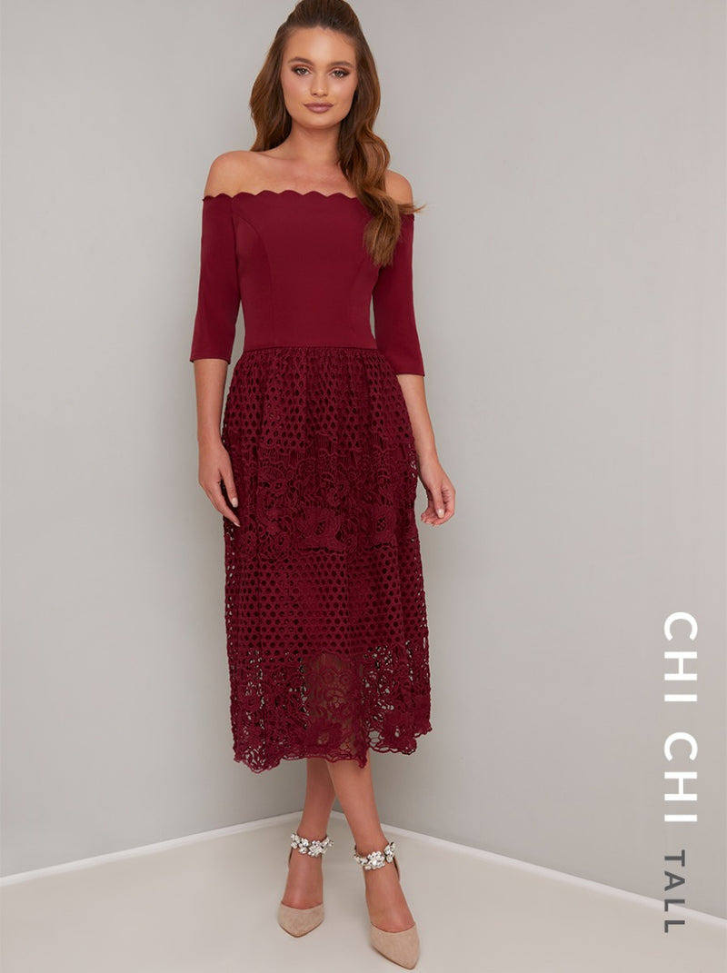 Tall 3/4 Sleeved Lace Crochet Midi Dress in Red