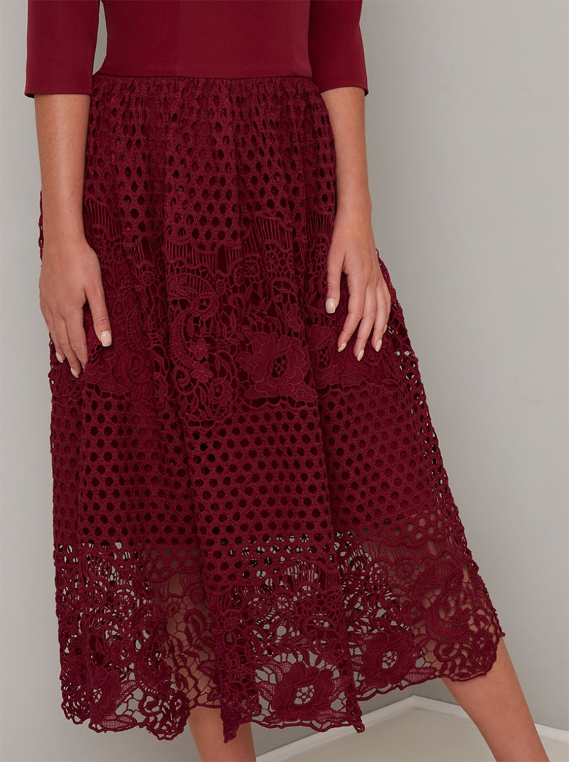Embroidered Crochet Midi Dress in Red – Chi Chi London