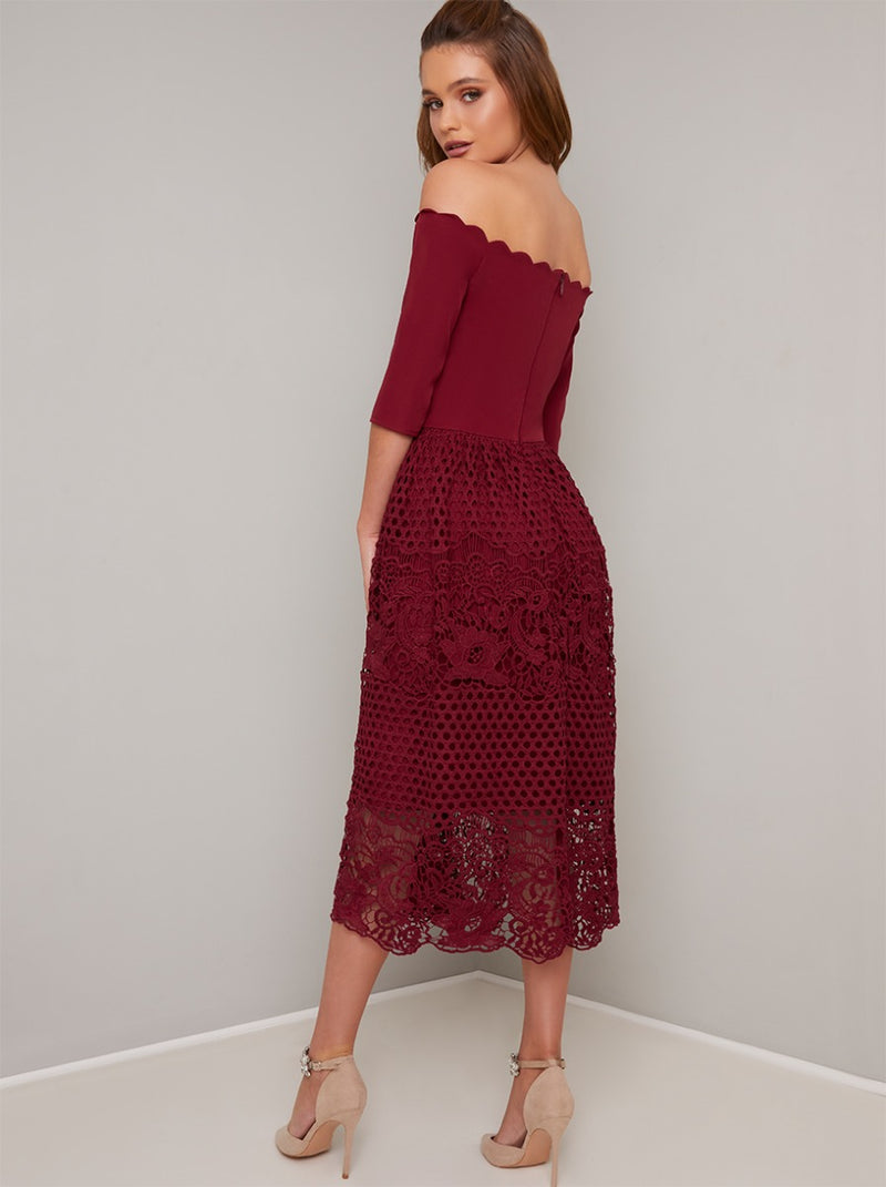 Embroidered Crochet Midi Dress in Red